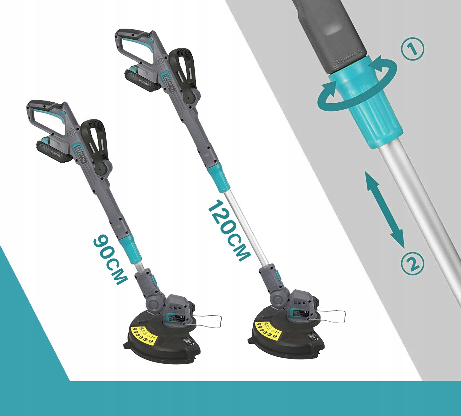 Podkaszarka pokazana w dwóch wariantach długości – 90 cm i 120 cm. 